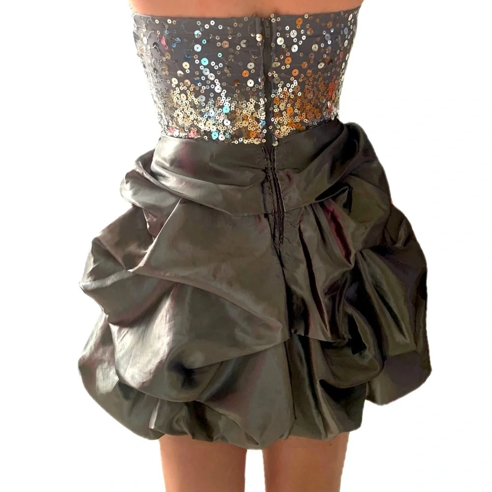 Trixxi Size 3 Gray Strapless Sequin Puff Skirt Formal Short Mini Dress - Picture 5 of 7